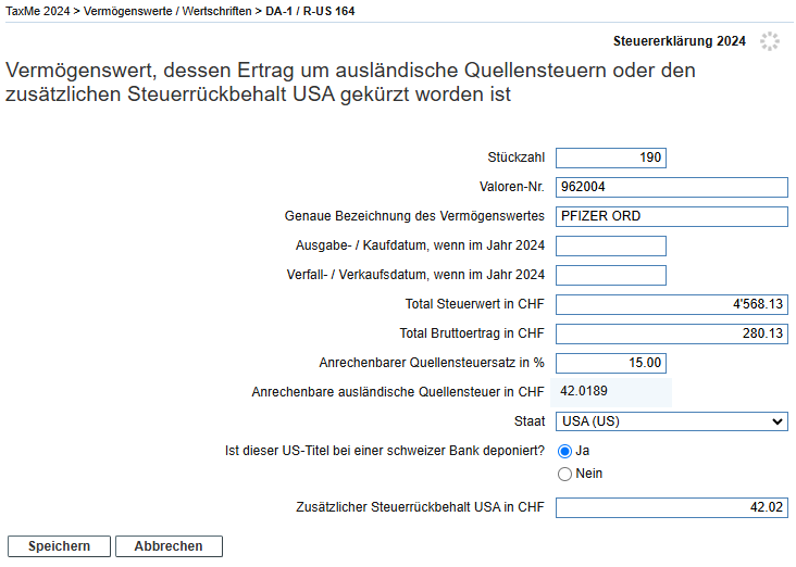 TaxMe-Online Dividende mit Abzug Quellensteuer und Steuerrückbehalt USA